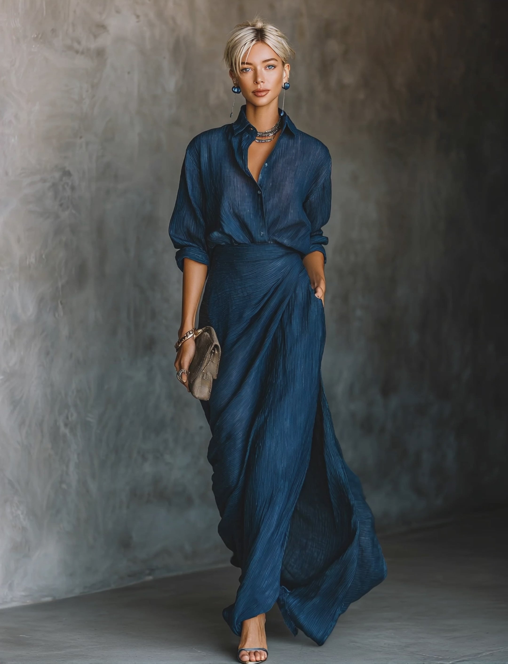 Women's Elegant Dark Blue Textured Pleated Fabric Shirt And Dress Set MDA0665H5T